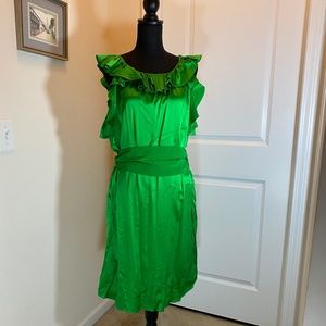Miguelina Silk Satin Ruffle Neck/Sleeve Dress